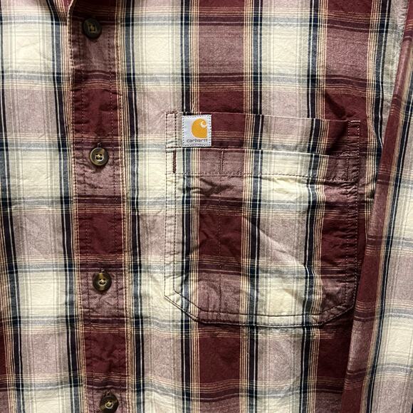 Carhartt Men’s Long Sleeve Button-Up Plaid Shirt Large Tall Relaxed Tan Maroon - Picture 5 of 6